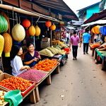 **A vibrant Malaysian marketplace scene showing diverse crowdfunding platforms represented as different stalls, each offering unique "rewards" or investment opportunities to potential contributors. The scene should convey a sense of community and excitement.**