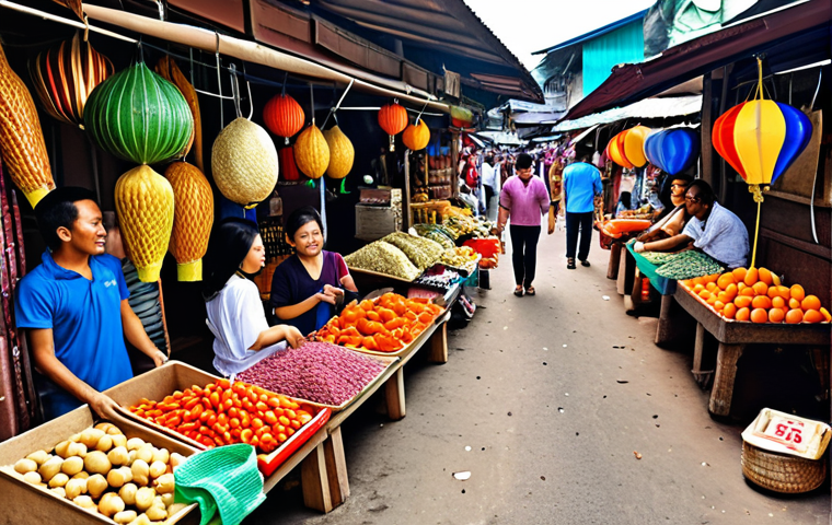 **A vibrant Malaysian marketplace scene showing diverse crowdfunding platforms represented as different stalls, each offering unique "rewards" or investment opportunities to potential contributors. The scene should convey a sense of community and excitement.**