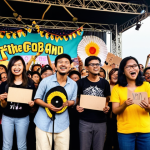 ** A vibrant, diverse group of people enthusiastically supporting a local Malaysian indie band performing live on stage. The band members are energetic and playing their instruments with passion. In the foreground, fans are holding up handmade signs with messages of support and throwing flower garlands. The scene evokes a strong sense of community and excitement for the band's artistic vision.

**