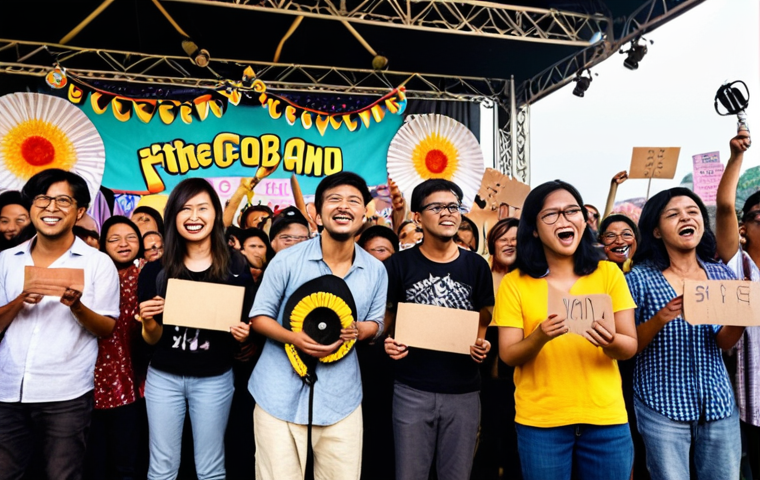 ** A vibrant, diverse group of people enthusiastically supporting a local Malaysian indie band performing live on stage. The band members are energetic and playing their instruments with passion. In the foreground, fans are holding up handmade signs with messages of support and throwing flower garlands. The scene evokes a strong sense of community and excitement for the band's artistic vision.

**